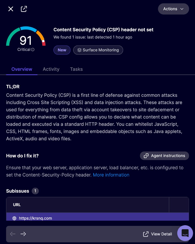 Aikido finding: Content Security Policy header not set on krsnq.com while Framer-hosted