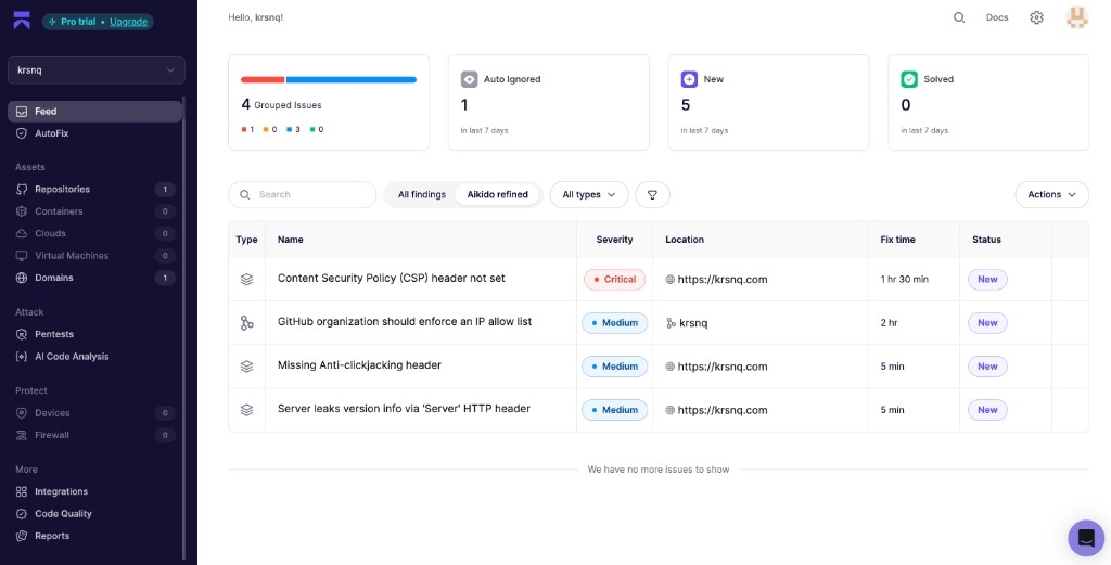 Aikido feed for the krsnq workspace showing four grouped issues
