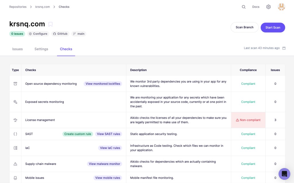 Aikido repository checks for krsnq.com