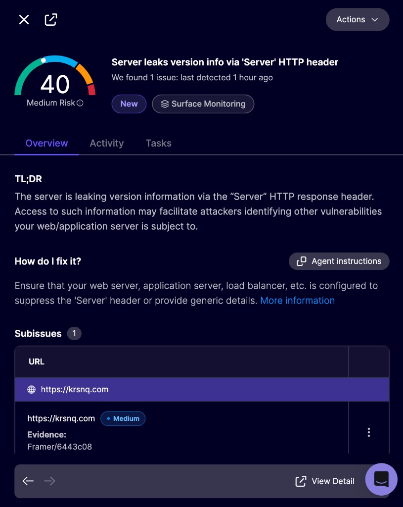 Aikido finding: Server header leaks version info, evidence Framer